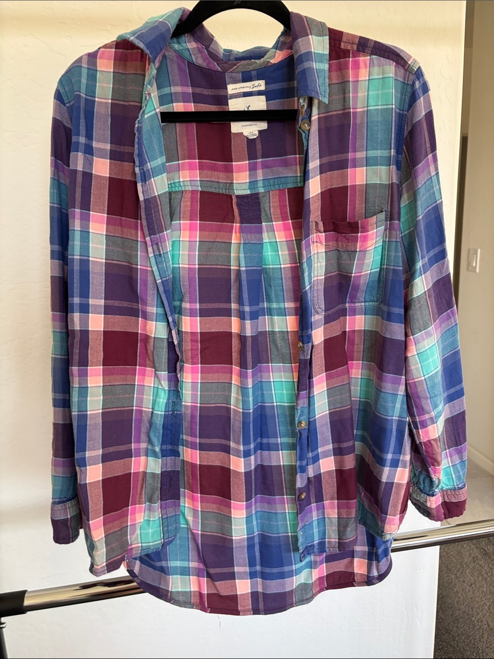 American Eagle Outfitters Plaid Button-Down Shirt in Purple, Teal, Pink